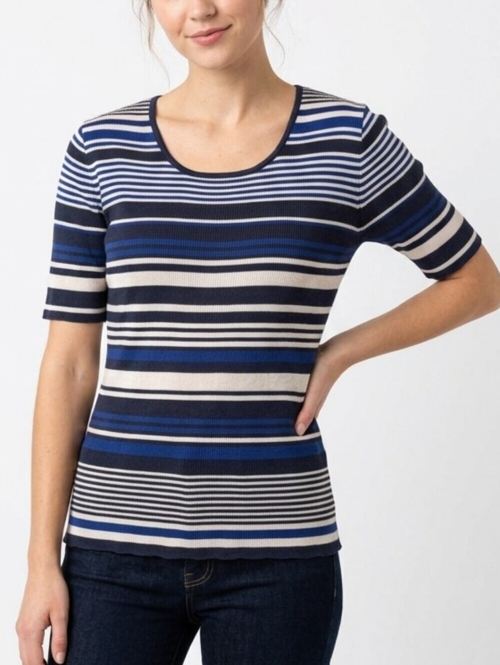 Vintage Holt Renfrew Silk Ribbed Knit Striped Short Sleeve Top